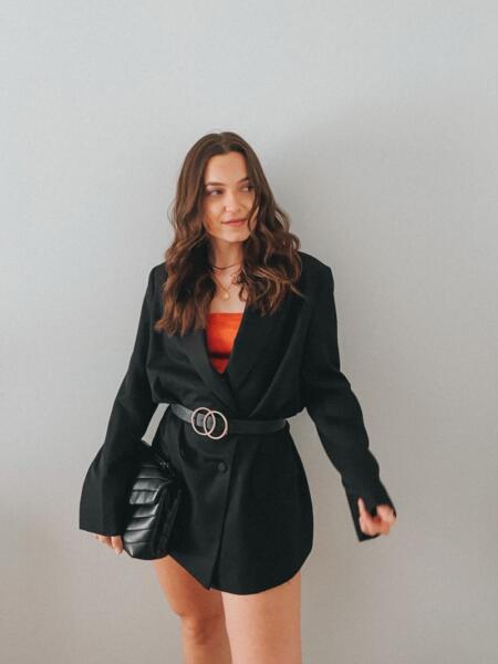 Swayer Teal in blazer outfit