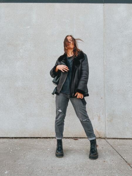 Swayer Teal in leather jacket